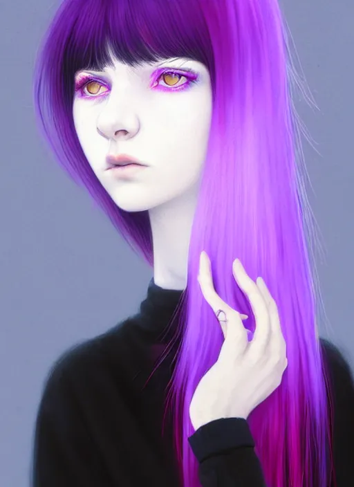 Image similar to hair whitebangs hair, black hair, blackbangswhitehair, portrait of teenage girl with white bangs, red irises, purple clothes, white bangs, bangs are different color from hair, intricate, elegant, glowing lights, highly detailed, digital painting, artstation, concept art, sharp focus, illustration, art by wlop, mars ravelo and greg rutkowski