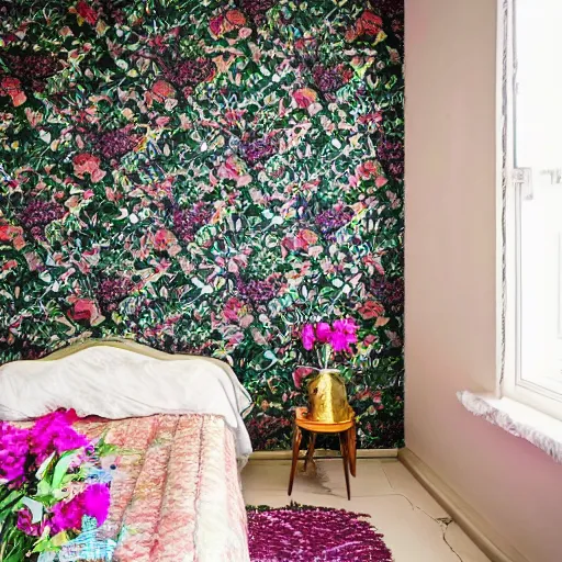 Image similar to a beautiful room with intricate wallpapers and flowers