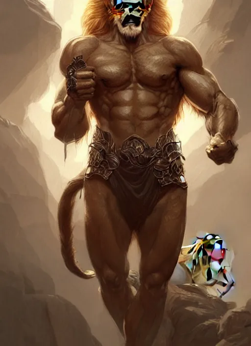 Image similar to portrait of aggressive lion humanoid, d & d, muscular!, fantasy, intricate, elegant, highly detailed, digital painting, artstation, concept art, smooth, sharp focus, illustration, art by artgerm and greg rutkowski and alphonse mucha
