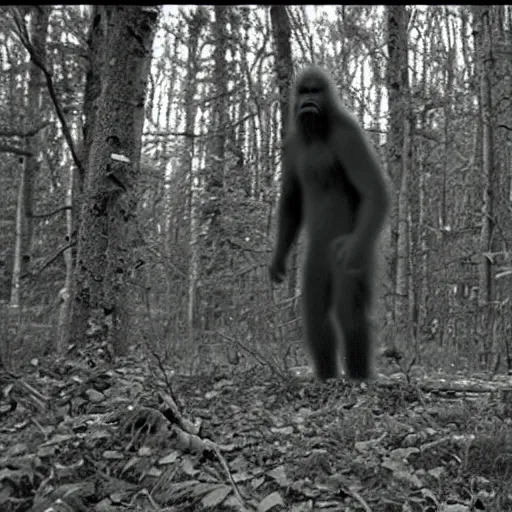 Prompt: trail cam footage of a sasquatch, night vision