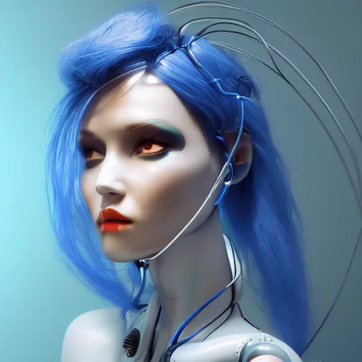 Image similar to a beautiful woman with blue hair wearing robot suit with wires and light, highly detailed, photorealistic, artstation, smooth