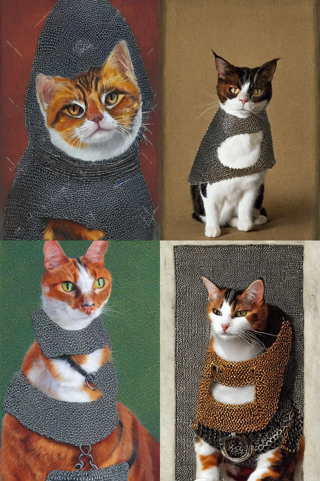 Prompt: portrait of a calico cat wearing medieval chainmail armor