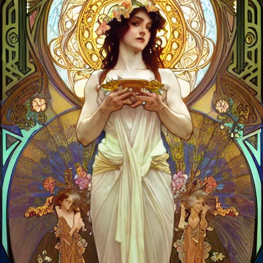 Prompt: carol burnette as the goddess of bliss, fantasy, d & d, intricate, detailed, by by alphonse mucha, adolfo hohenstein, alice russell glenny, stanley artgerm lau, greg rutkowski, detailed, trending on artstation, trending on artstation, smooth