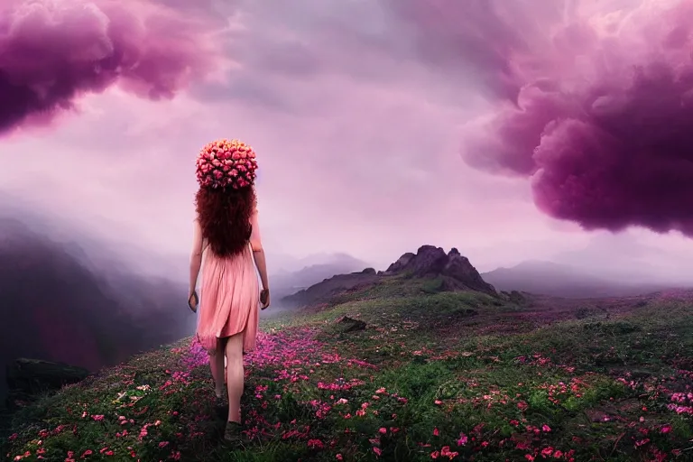 Image similar to giant dahlia flower crown head woman walking on mountain, surreal photography, pink storm clouds, dramatic light, impressionist painting, digital painting, artstation, simon stalenhag