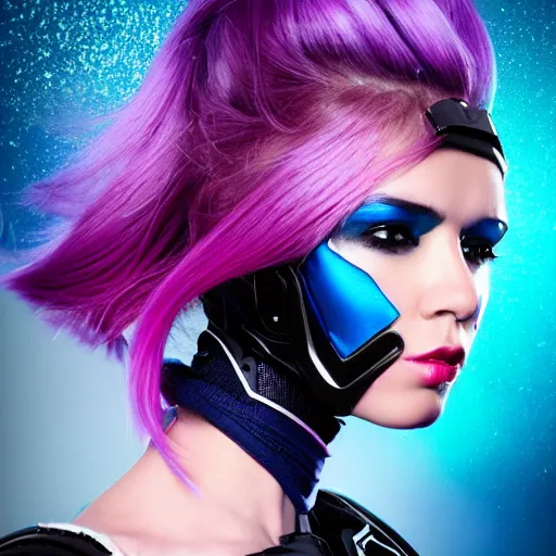 Image similar to a stunning high shutter speed action upper body portrait of a beautiful woman with a ombre purple pink hairstyle with hair flying wearing futuristic navy blue and teal battle bodyarmor and pauldrons by marvel comics, outrun, vaporware, action photography, highly detailed, fine detail, intricate, digital art, trending on artstation