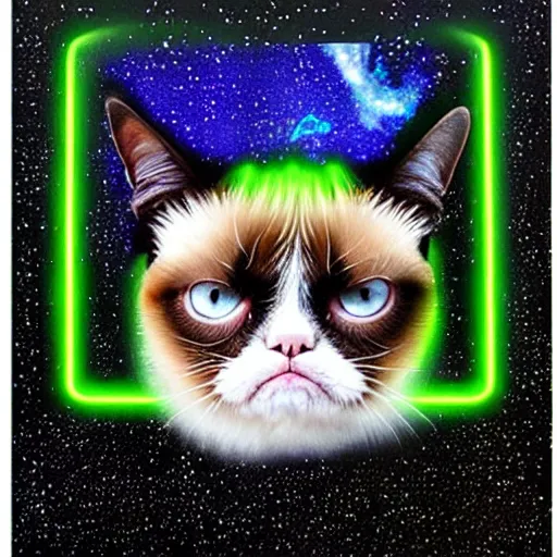 Image similar to grumpy cat with a vintage sci-fi CRT monitor for a head showing a glowing green pixelated emoji-style smiley face, matte gouche sci-fi ink illustartion on dark paper, highly detailed movie poster