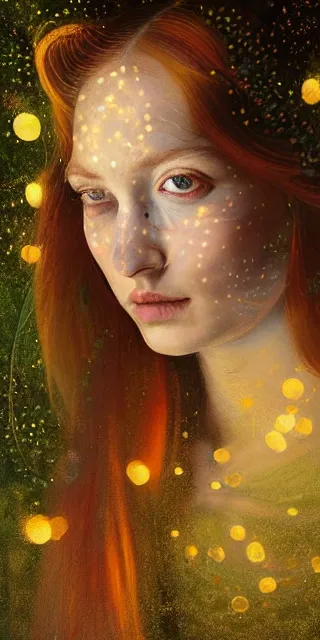 Image similar to an amazed young woman looking at golden firefly lights in a mesmerizing scene, sitting amidst nature fully covered, intricate detailed dress, long loose red hair, precise linework, accurate green eyes, small nose with freckles, smooth oval head, empathic, expressive emotions, hyper realistic ultrafine portrait by artemisia gentileschi, jessica rossier, artgerm