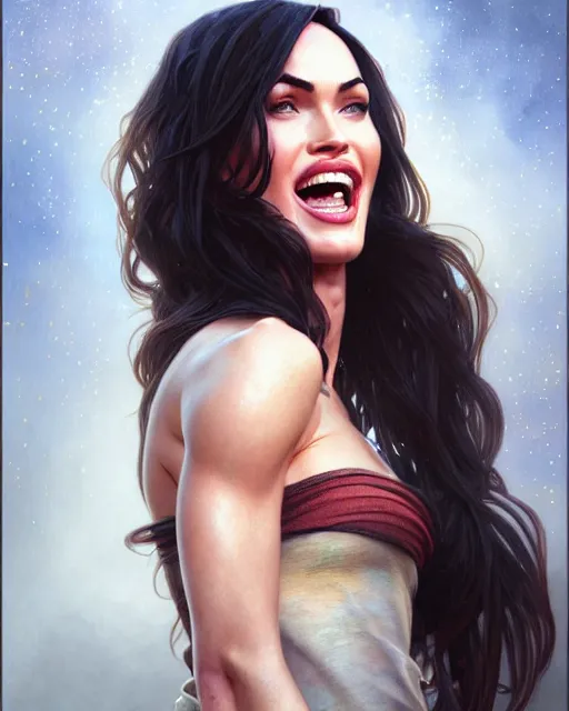 Image similar to portrait of megan fox laughing, intricate, headshot, highly detailed, digital painting, artstation, concept art, sharp focus, cinematic lighting, illustration, art by artgerm and greg rutkowski, alphonse mucha, cgsociety