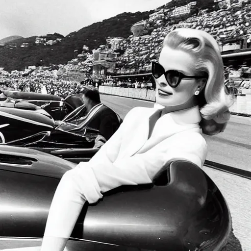 Image similar to selfie smartphone photo of a young Grace Kelly at the Monaco Gran Prix, F1 cars blurred in background, iphone photo, smartphone resolution, trending on instagram, influencer photography