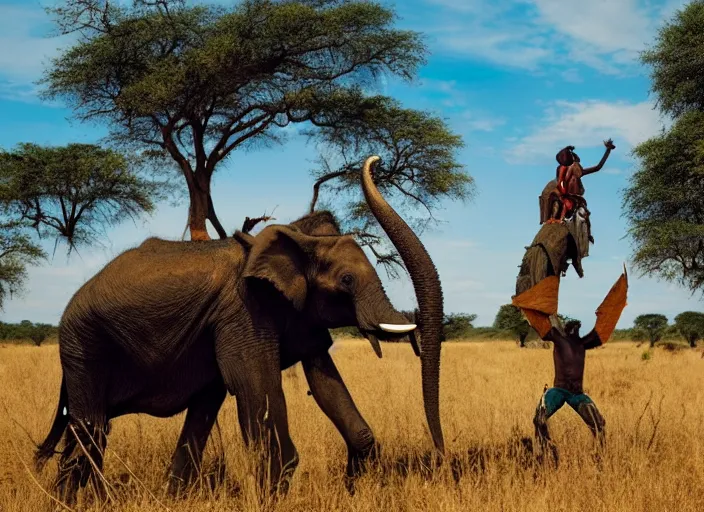 Image similar to film still, extreme wide shot of an tribal african man riding an elephant alone on the savannah, extreme long shot, 4 k, award winning