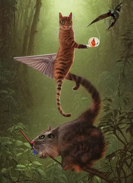 Image similar to a hyper realistic illustrated cat with playing with a hummingbird on its paw in the woods gorgeous lighting, lush forest foliage painting by chiara bautista and beksinski and norman rockwell and greg rutkowski weta studio, and lucasfilm