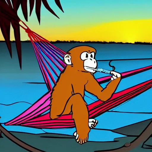 Image similar to a monkey laying a hammock smoking a joint, sunset, cartoon style,