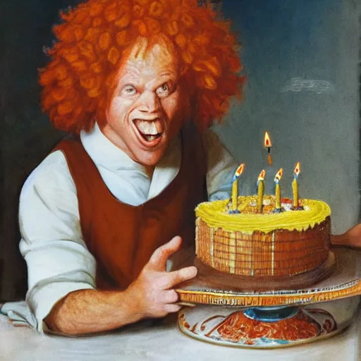Image similar to Masterpiece Portrait of carrot top, Eating birthday cake, dressed thobe, Ghutra and Egal