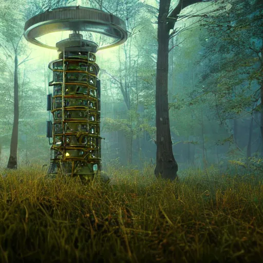 Image similar to hdr flambient cinematic ultradetailed 3d octane render of a strange sci-fi fantasy magical industrial alien technology time travel device in a dreamlike forest