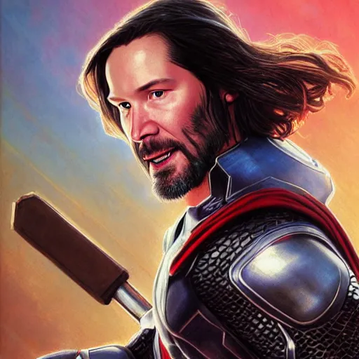 Prompt: Keanu Reeves as Thor in marvel movies by Stanley Artgerm Lau, greg rutkowski, thomas kindkade, alphonse mucha, loish, norman Rockwel