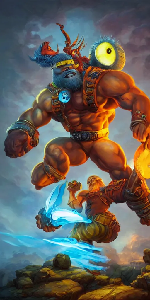Prompt: hyper realistic digital painting of minion as hyper muscular heman by peter mohrbacher and thomas kinkade, vivid color scheme, unreal engine 5