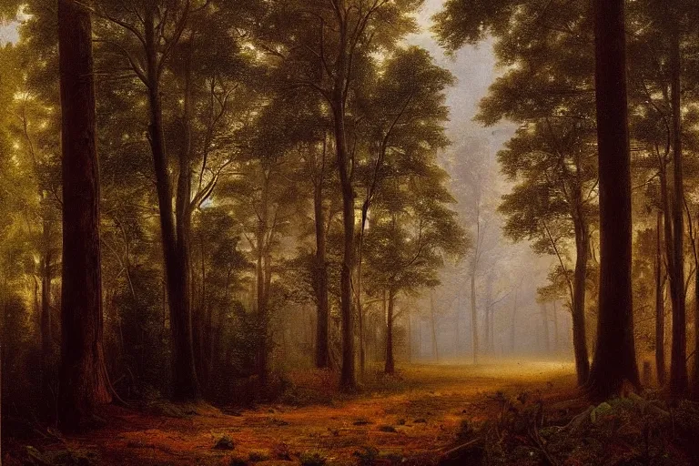 Image similar to dark and spooky painting of a forest dimly lit at night with purple morning glory flowers trailing on the ground at the base of trees. muted colour palette, detailed oil painting by asher brown durand