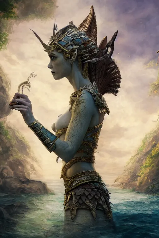 Image similar to A fantasy book style portrait painting of the Great Turtle Island at the center of the Universe, accompanied by a hybrid, Anya_Taylor-Joy, Cory Chase, Eva Green, as a Mystical Valkyrie, Anubis-Reptilian, Atlantean Warrior, François Boucher, Oil Painting, unreal 5, DAZ, hyperrealistic, octane render, Regal, Refined, Detailed Digital Art, RPG portrait, Walt Disney (1937), William-Adolphe Bouguereau, Michael Cheval, Steampunk, Volumetric Golden dappled dynamic lighting, Highly Detailed, Cinematic Lighting, Unreal Engine, 8k, HD