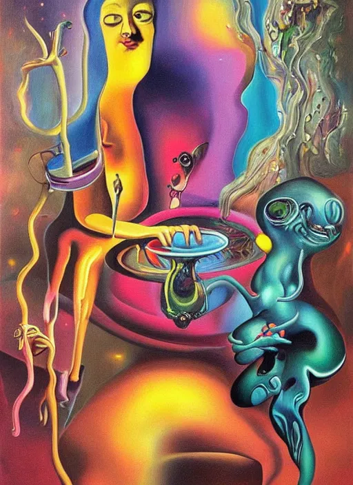 Prompt: an extremely high quality hd surrealism painting of a 3d cast glass galactic neon complimentary colored cartoon surrealism melting creature by kandsky and salvia dali the fourth, salvador dali's much much much much more talented painter cousin, 4k, ultra realistic, super realistic, so realistic that it changes your life