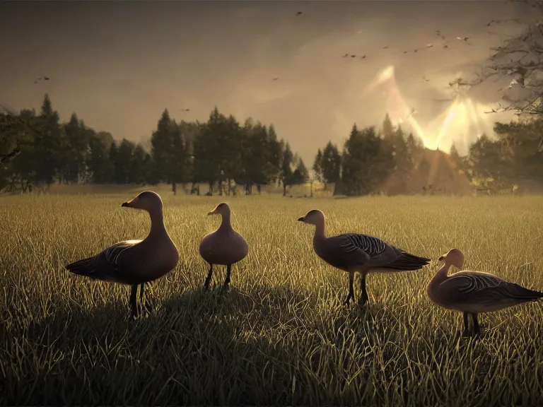 Image similar to geese dreaming of a better life, where no one will harm them, where love conquers all, 8 k, ultra realistic, lens flare, atmosphere, glow, detailed, intricate, full of colour, cinematic lighting, trending on artstation, 4 k, hyperrealistic, focused, extreme details, unreal engine 5, cinematic, masterpiece