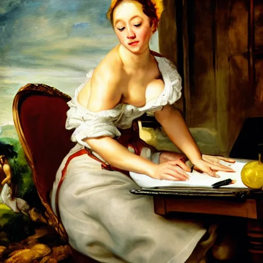 Prompt: heavenly summer sharp land sphere scallop lady working at a computer auslese, by peter paul rubens and eugene delacroix and karol bak, hyperrealism, digital illustration, fauvist