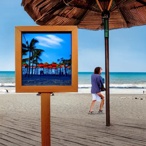 Prompt: A bustling beach boardwalk scene with a blank poster in a poster stand