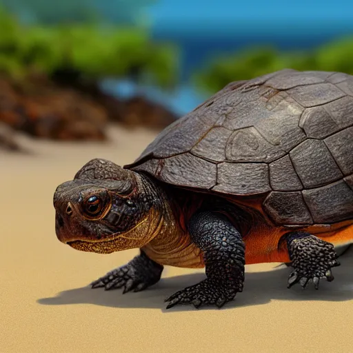 Prompt: large cute adorable snapping turtles walking on the beach in maui, hyper realistic painted by greg rutkowski, unreal engine