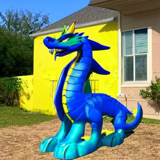 Image similar to children's cartoon of a blue dragon sitting on top of a yellow suburban home