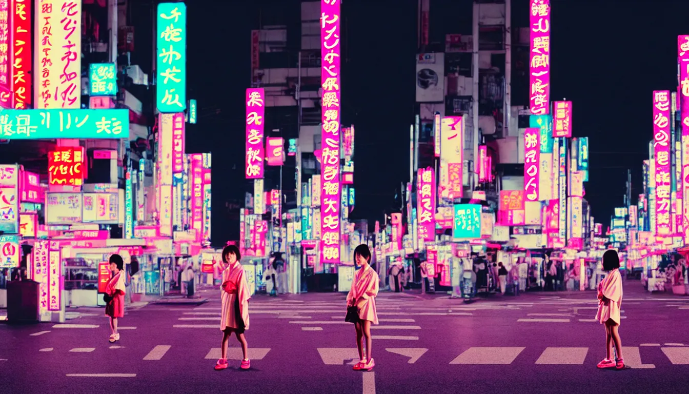 Prompt: 90s neon movie still. japanese city at night. ((One Girl)) stands in the middle of a crosswalk wearing a kimono. She is looking up at an advertisement. hyperrealistic, high definition, medium format photography, highly detailed, technicolor, anamorphic 50mm lens