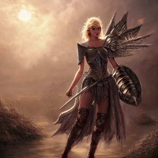 Image similar to the picture of taylor swift in a knight armor, epic fantasy art, mystical, mystic atmosphere, mythology, photo realistic, high detail, ultra realistic, hyper realistic, high definiton, 4 k uhd,