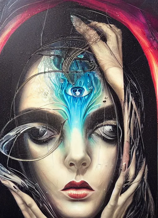 Prompt: enlightened cult psychic woman crossing through the veil of reality, symmetrical face, energy condensed to a slow vibration, epic surrealism expressionism symbolism, story telling aesthetic, iconic, dark robed, oil painting, layers, dark myth mythos, by Sandra Chevrier , Bruce Pennington, masterpiece, vintage ornamental framed