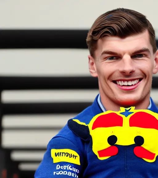 Prompt: fabric stuffed toy of smiling max verstappen