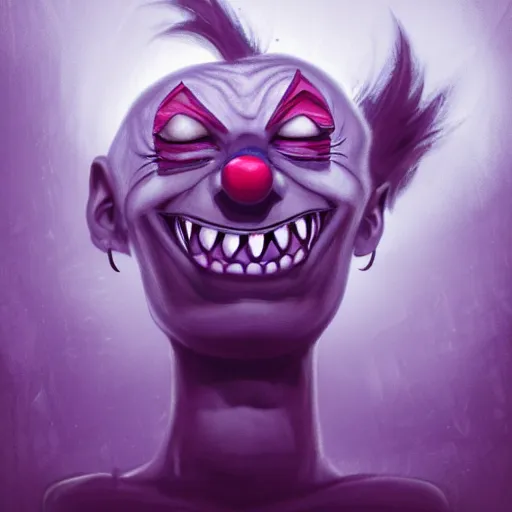 Prompt: Evil clown Big smiling mouth, black round nose, spiky hair, worn striped tank top emerging from a digital tablet. Very textured, hyper detailed, fog ambience cinematic, purple light, dark