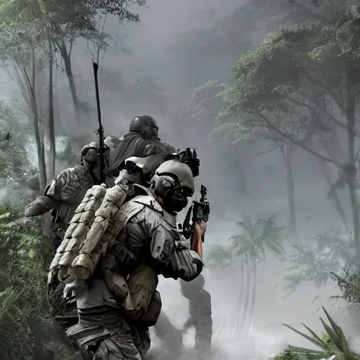 Image similar to Mercenary Special Forces soldiers in light grey uniforms with black armored vest and helmet defending a crashed helicopter in the jungles of Tanoa, combat photography by Feng Zhu, highly detailed, excellent composition, cinematic concept art, dramatic lighting, trending on ArtStation