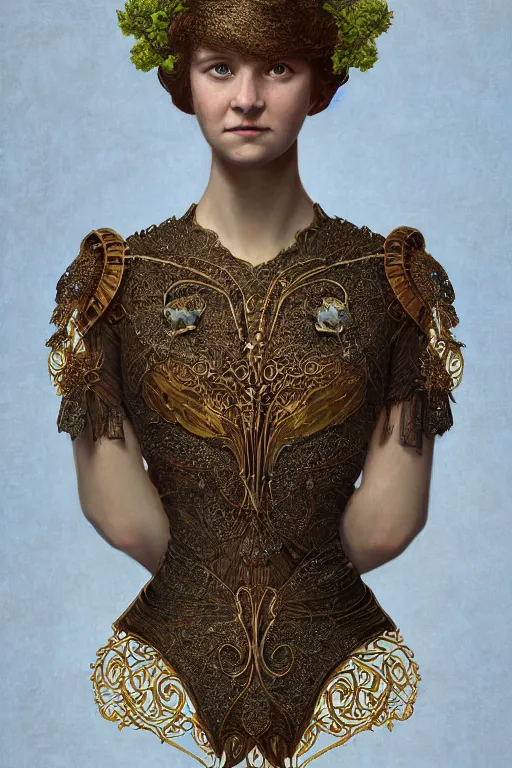 Image similar to a head and torso art nouveau portrait of a 16-year old sun goddess who resembles Anne of Green Gables with a worried, intense gaze and slightly opened mouth, ornate intricate mother-of-pearl battle armor, intricate, elegant, highly detailed, digital painting, artstation, concept art, smooth, sharp focus, illustration, art by John William Waterhouse and Bouguereau and Donato Giancola and alphonse mucha