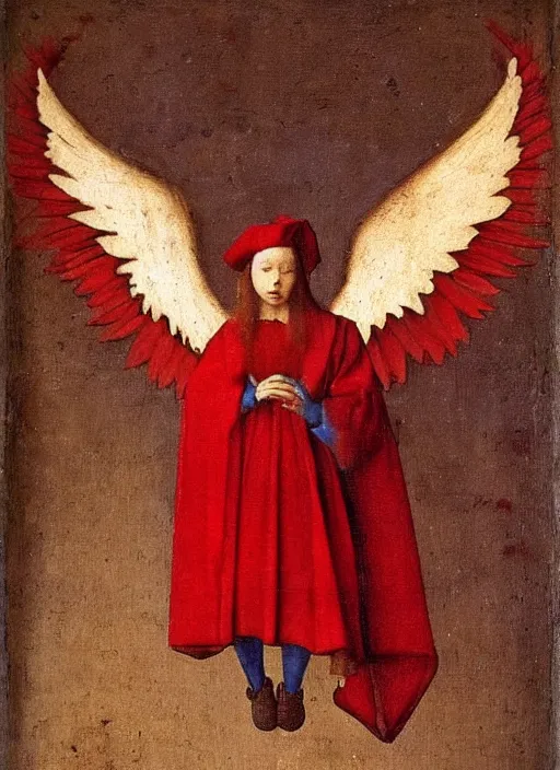 Prompt: Flying Fallen Angel dressed in red, Medieval painting by Jan van Eyck, Johannes Vermeer, Florence