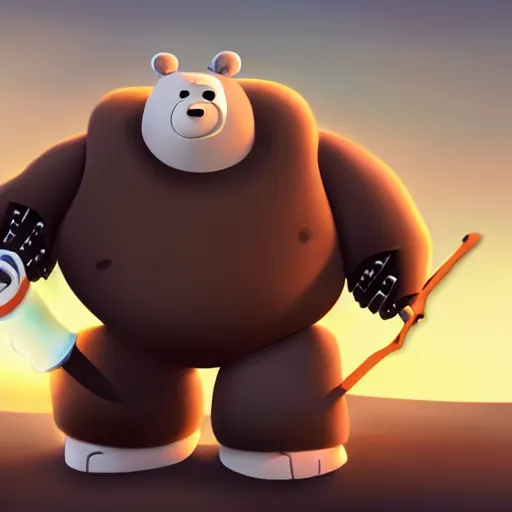 Image similar to ice bear as a robot with an axe from we bare bears in san fransisco, 8 k, weta pixar disney hyper realistic cinematic still