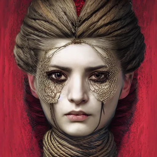 Image similar to portrait of a Shibari rope wrapped face and neck, headshot, insanely nice professional hair style, dramatic hair color, digital painting, of a old 15th century, roman soilder, amber jewels, baroque, ornate clothing, scifi, realistic, hyperdetailed, chiaroscuro, concept art, art by Franz Hals and Jon Foster and Ayami Kojima and Amano and Karol Bak,