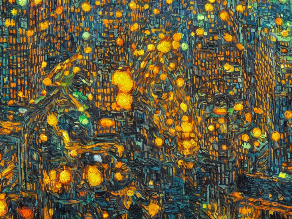 Prompt: bright beautiful oil painting of flying saucers invade new york city in 2 0 1 9, light scatter, van gogh