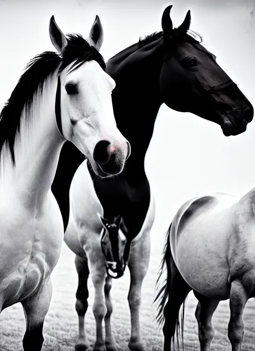 Image similar to two horses black and white portrait white sky in background