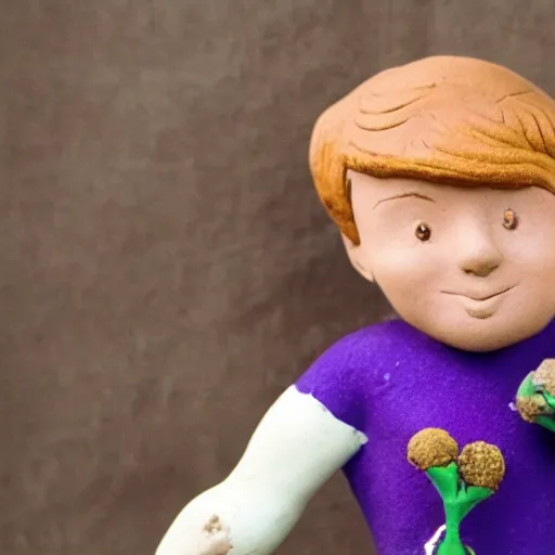 Image similar to the little prince of saint exupery smiling with a purple flower on his hand made of clay