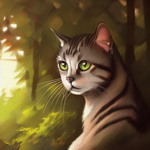 Prompt: portrait of a cat in a forest, by kawacy, trending on artstation, backlighting, sunlight