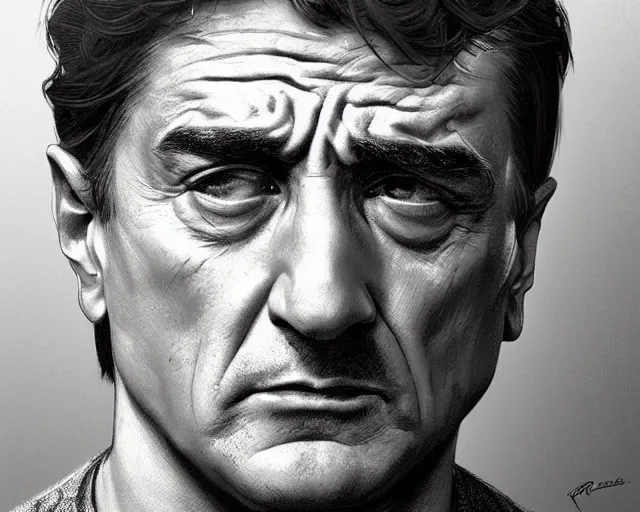 Prompt: portrait of a young robert de niro with a n angry face, intricate, highly detailed, digital painting, artstation, concept art, sharp focus, illustration, art by artgerm and greg rutkowski and alphonse mucha