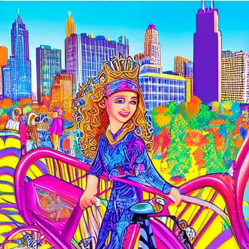 Prompt: queen of michigan invades chicago, illustrated by lisa frank, wide angle, scenic, radiant