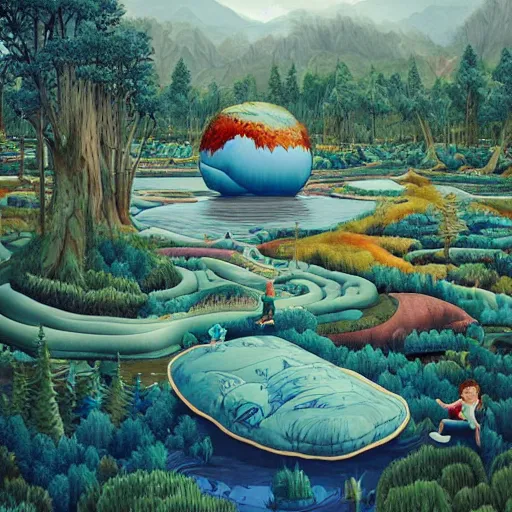 Image similar to inflatable landscape with forest, river and mountains floating child dreams and wishes , concept art, huge scale, high detail, sci fi by James Jean