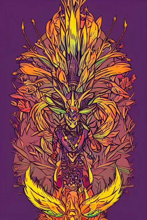 Image similar to animal mask totem roots flower tribal feather gemstone plant wood rock shaman vodoo video game vector cutout illustration vivid multicolor borderlands comics by josan gonzales and dan mumford radiating a glowing aura