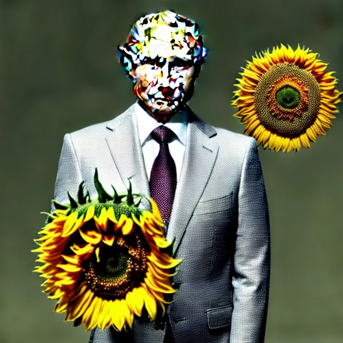 Image similar to photo portrait of Vladimir Putin - sunflowers - dressed in leisure suit with ornamental ethereal sunflower pattern, natural skin tone, highly detailed realistic flowers ornament in the upper side of breast, hair, eyebrows and wrinkles are intricate with highly detailed realistic flowers, elegant, Realistic, Refined, Highly Detailed, natural soft pastel lighting colors scheme, fine art photography by Cecil Beaton, volumetric lighting, hyper realistic photography