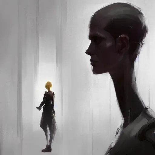 Image similar to concept art by greg rutkowski, a very tall, and slender woman with blond hair, talking with a very tall and slender mand with short black hair, brutalist futuristic interior, dark lighting atmosphere, detailed portraits, nostalgic atmosphere, scifi, digital painting, artstation, concept art, smooth, sharp foccus ilustration, artstation hq