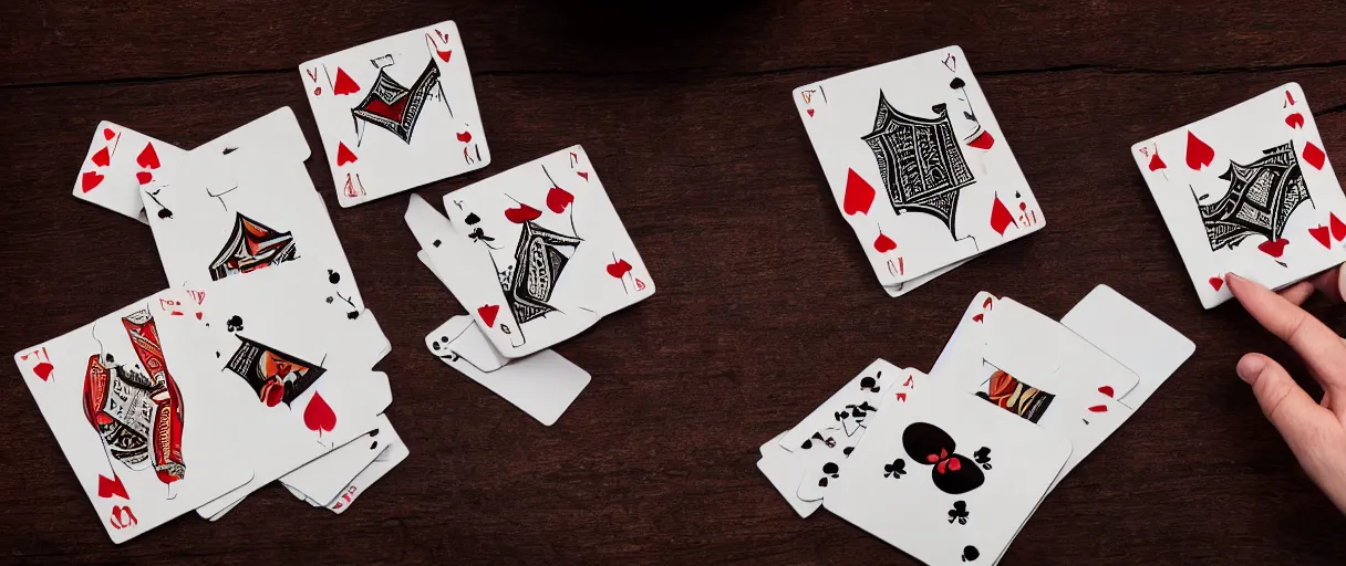 Image similar to a high quality color extreme creepy atmospheric wide dutch angle hd 4 k film 3 5 mm photograph of closeup of hands of caucasian men playing cards on a table with a full ashtray & cigarette smoke