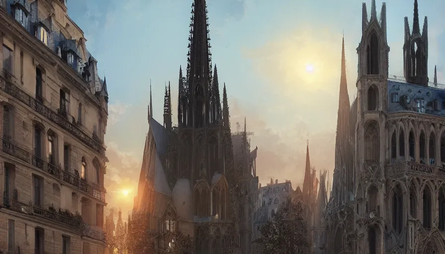 Prompt: Digital painting of Neo-Gothic Paris with a big sun, wide angle, volumetric light, artistic, hyperdetailed, artstation, cgsociety, 8k